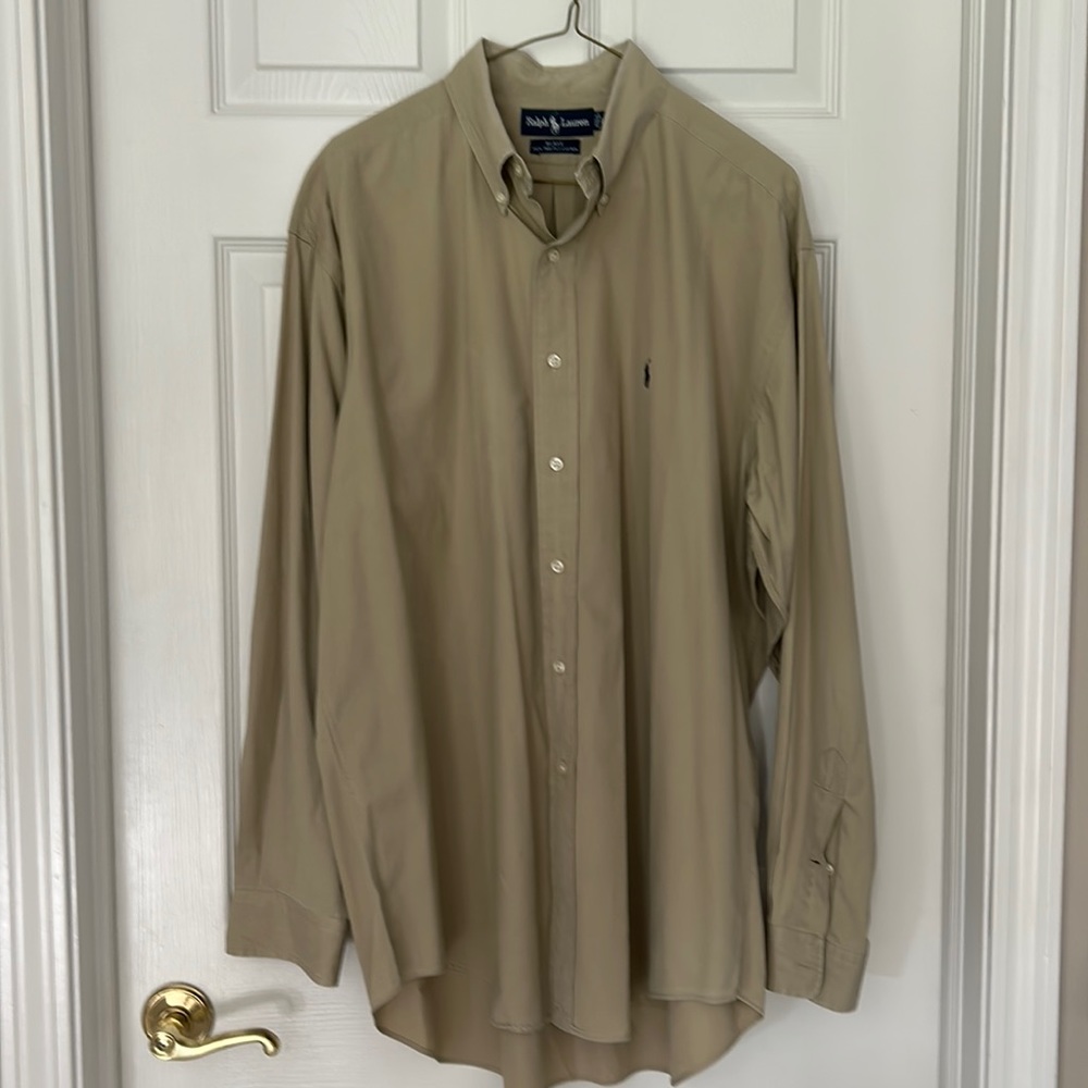 Ralph Lauren Blake Men’s Taupe Dress Shirt.  Size Large, 100% 2 ply cotton.